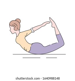 Bow Pose Dhanurasana color line icon. From a prone position, the feet are grasped to lift the legs and chest to form the shape of a bow with the body. UI UX GUI design element. Editable stroke.