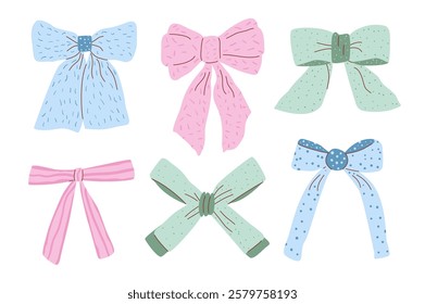 Bow preppy pastel coquette set. Vector y2k ribbons collection. Hairstyle accessories illustration isolated on white background.