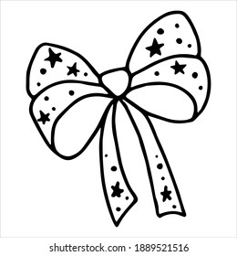 Bow with a print of stars and dots. Christmas decoration. Vector outline drawn illustration in doodle style.