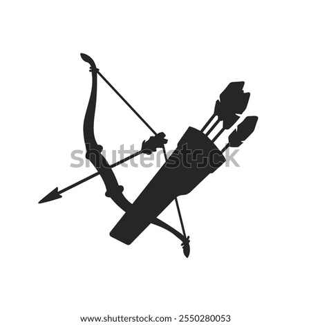 Bow and quiver icon. Isolated black symbol of medieval weapon. Hunter equipment. Longbow simple art. Archery festival logo. Vector illustration