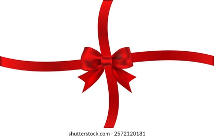 Bow with realistic red ribbon looks elegant for decorating wedding invitation cards. Book website page and others isolated on white background