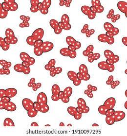 Bow red butterfly seamless pattern, vector hair decoration meme red bow, white dot polka seamless pattern