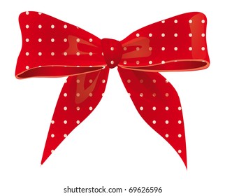 Bow of red ribbon with white spots. Vector illustration