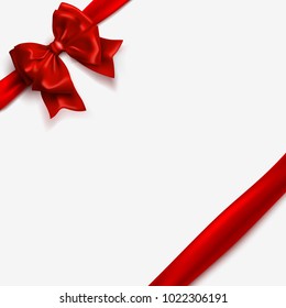 Bow and red satin ribbon isolated on white background. Vector silk tape, decor wrap element. Vector bow template for Christmas, New Year, Happy Valentines Day greeting card design.