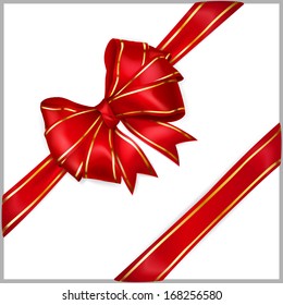 Bow of red wide ribbon with diagonally ribbons with golden strips