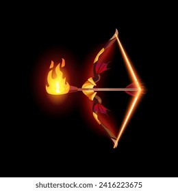 Bow soltando una flecha con fuego, dibujos planos de dibujos animados ilustraciones vectoriales aislados en el fondo negro. Saco de arco mágico y arma de flecha para los activos del juego.