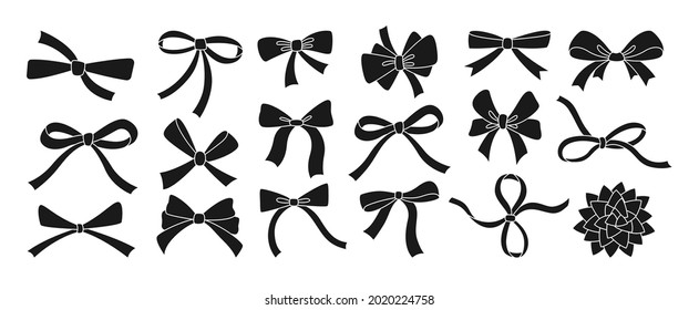 Bow ribbon black glyph set. Festive decoration, packaging, invitation elements for sale shopping Birthday Party, Valentine Day or Wedding design. Holiday anniversary surprise gift symbol