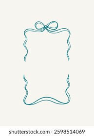 Bow ribbon border. Hand drawn vertical rectangle cute vintage coquettish frame. Line art doodle vector illustration. Wedding invite, valentine card, Christmas holiday celebration design element