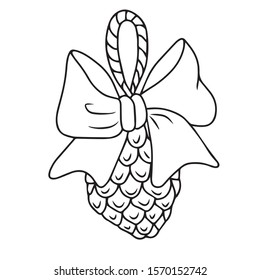 A bow with a ribbon decorates a cone with a rope. Holiday
 .On hand-drawn, on a white isolated background.Design for greeting card,banner ,coloring