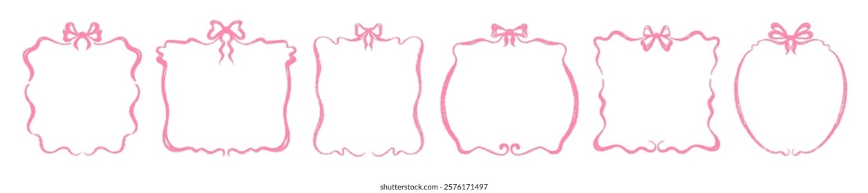 Bow ribbon frame. Crayon border, vintage hand drawn vector. Brush line frames with bows for Valentine's day, Christmas, Birthday, Wedding card. Cute doodle design, pink crayon coquette ribbon border