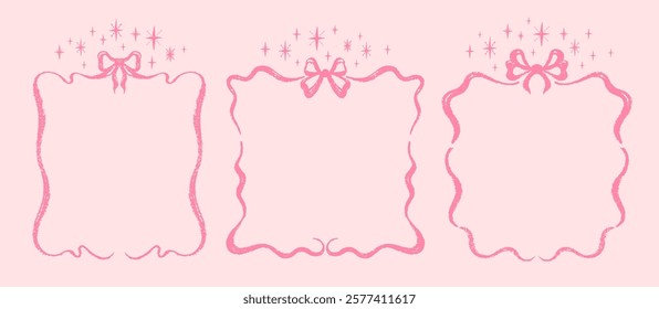 Bow ribbon frame. Crayon border, vintage hand drawn vector. Brush line frames with bows for Valentine's day, Christmas, Birthday, Wedding card. Cute doodle design, pink crayon coquette ribbon border