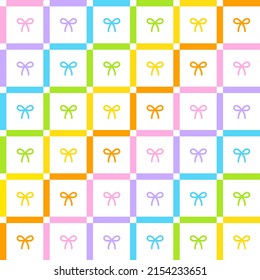 Bow Ribbon Gift Present Celebration Rainbow Cute Pastel Scott Plaid Tartan Checkered Line Overlap Intersect Gingham Seamless Pattern Cartoon Vector Illustration Print Background Fashion Fabric Picnic
