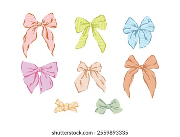 Bow and ribbon hand drawn vector set. decoration illustration. greeting, wedding, birthday party, gift, valentines day, wrapping element card design