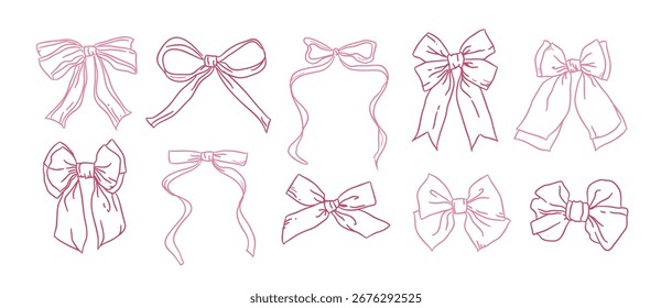 Bow and ribbon hand drawn vector set. decoration illustration. greeting, wedding, birthday party, gift, valentines day, wrapping element card design