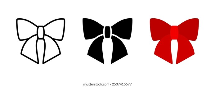 Bow ribbon icon. Gift package decoration tape vector illustration. Present packaging knot sign. Christmas bow symbol. Birthday, holiday or wedding red bow pictogram. Decoration tape isolated concept.