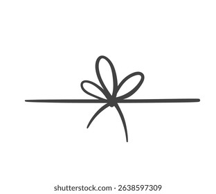 Bow ribbon knot on string line icon. Outline hand drawn vintage decoration of happy birthday, cute Christmas gift wrap. Present mascot, simple rope bow on surprise box icon vector illustration