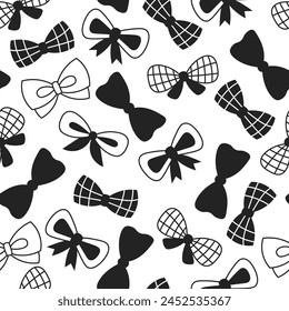 Bow ribbon knot seamless pattern. Hand drawn black and white background with tied gift present elements. Festive celebratory vector illustration