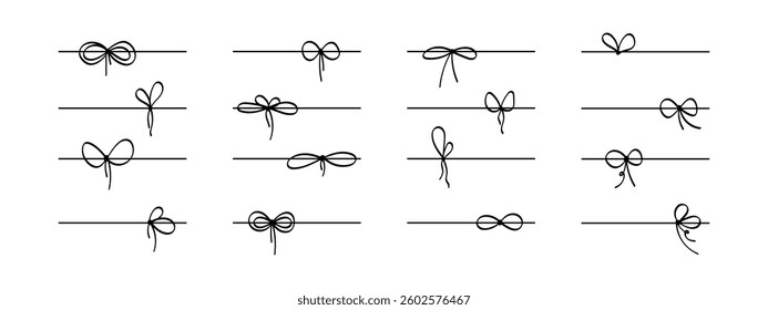 Bow ribbon line for gifts. Set of strips with coquette knots for present boxes isolated on white background. Decorative design elements for festive cards or banners. Vector graphic illustration.
