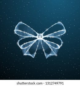 Bow ribbon low poly sign on blue sky background. Polygonal ribbon with dots, lines and strars. Vector wireframe illustration