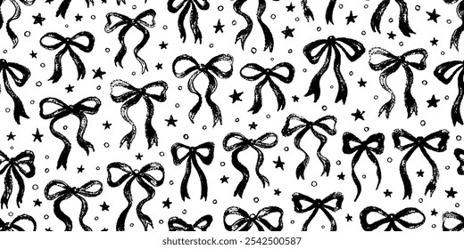 Bow ribbon pattern seamless. Vector print with white and black Christmas background. Cute crayon bows. Simple charcoal small trendy ribbon for Birthday, Christmas, Halloween. Basic doodle knot pattern