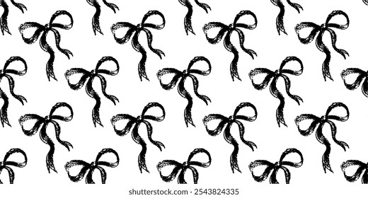 Bow ribbon pattern seamless. Vector print with white and black Christmas background. Cute crayon bows. Simple charcoal small trendy ribbon for Birthday, Christmas, Halloween. Basic doodle knot pattern