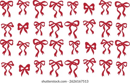 Bow ribbon pattern seamless. Vector print with white and red Christmas background. Cute crayon bows. Simple charcoal small trendy ribbon for Birthday, Christmas, Halloween. Basic doodle knot pattern