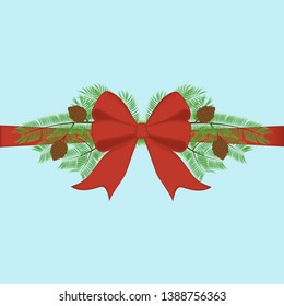 Bow and ribbon with pine branches on the blue background. Vector illustration