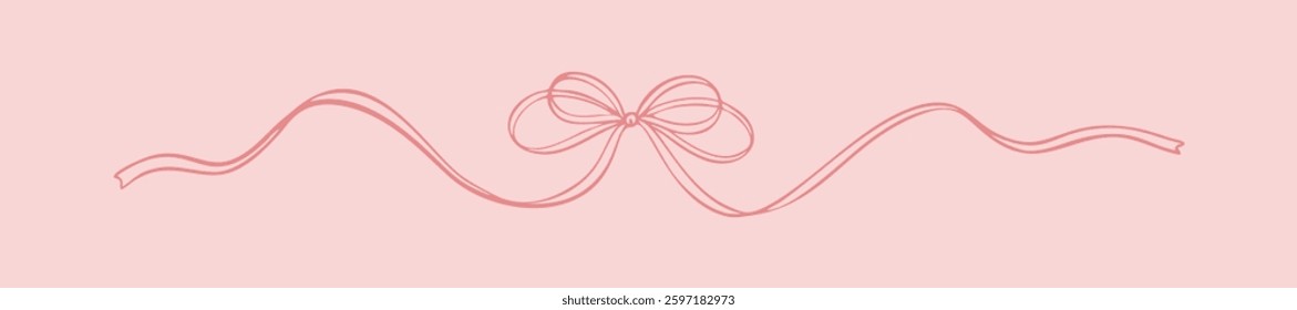 Bow ribbon pink divider. Coquette girly sketch illustration in sketch stile. Hand drawn border. Christmas present, birthday gift tape pack. Elegant horizontal tinsel. Cute line minimal doodle