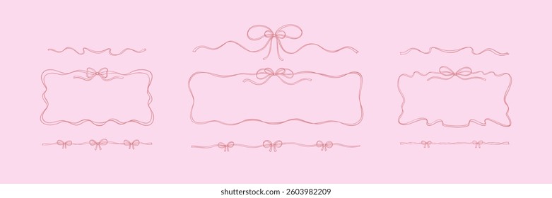 Bow ribbon pink divider and horizontal rectangle frame. Coquette girly sketch illustration in sketch stile. Hand drawn border. Christmas present, birthday gift tape pack. Elegant horizontal tinsel