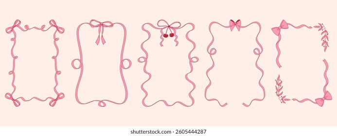 Bow ribbon rectangle frames set. Wavy borders with bows. Hand drawn coquette girly style