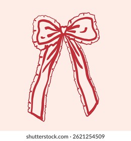 Bow Ribbon in red color. Outline decorative sketches holiday bow for gifts, surprise, or hair decor. Line art hand-drawn vector illustration for Christmas, Valentine Day, birthday cards, invitations.