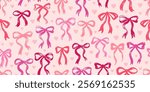 Bow ribbon seamless pattern. Cute pink bow ribbon print background. Vector crayon hand drawn pattern. Valentine