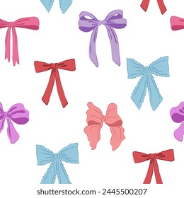 Bow ribbon seamless pattern. Cute hand drawing wallpaper. Coquette aesthetic bows. Cartoon drawn colorful vector illustration isolated on white background