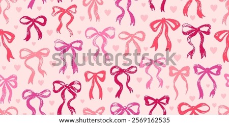 Bow ribbon seamless pattern. Cute pink bow ribbon print background. Vector crayon hand drawn pattern. Valentine's day girl gift illustration. Brush vintage cute pink seamless print watercolor heart bg