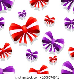 Bow and ribbon seamless pattern in red and purple colors. Vector illustration. Ideal for wallpaper, wrapping, packaging and any kind of decoration.