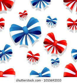 Bow and ribbon seamless pattern in red and blue colors. Vector illustration. Ideal for wallpaper, wrapping, packaging and any kind of decoration.