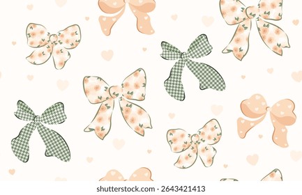 Patrones sin fisuras de la cinta del arco, papel de regalo que envuelve el patrón inconsútil, Vector gráficos Feliz cumpleaños, aniversario, partido, celebración, tela, materia textil, beige, color de oliva, flor de rosa del cheque y arco