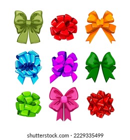 caricatura sobre el conjunto de cintas de arco. regalo regalo, cumpleaños de vacaciones, rojo caja, paquete de navidad, ilustración del vector de cinta de arco sorpresa