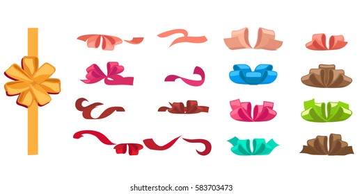 Bow and ribbon set of different colorful decorations for gifts on white background. Cartoon present decorations. Celebrate holidays, exchange and decorate gifts isolated vector illustration.