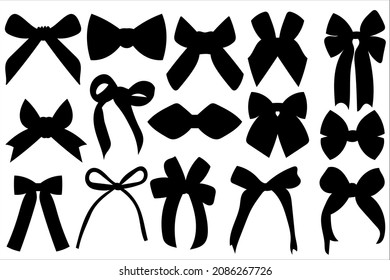 Bow Ribbon Silhouette Vector. Black Ribbon Bow Tie Graphic Elements For Give Label, Present, Packaging, Invitation Wedding Card, Banners, Bows And Ribbons Hand Drawn Collection . Vector Illustration
