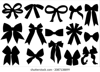 bow ribbon silhouette vector. Black ribbon bow tie graphic elements for give label, present, packaging, invitation wedding card, banners, bows and ribbons hand drawn collection . Vector illustration
