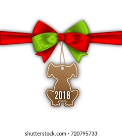 Bow Ribbon with Tag Dog, Label with 2018 - Illustration Vector