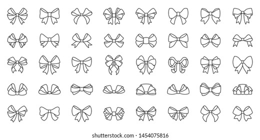 Bow ribbon thin line icon set. Gift birthday xmas or sale decor collection of simple outline signs. Fashion tie symbol in linear style. Contour flat icons design. Isolated on white vector Illustration