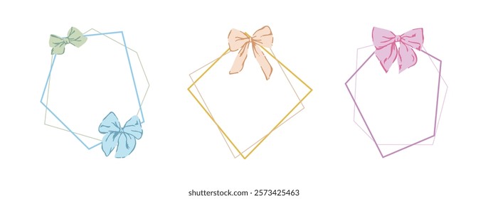 Bow and ribbon vector frames set, decoration illustration. greeting, wedding, birthday party, gift, valentines day, wrapping element card design