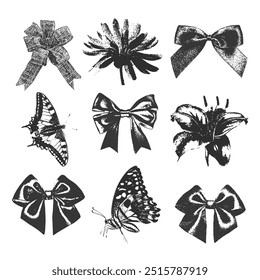 Bow ribbons, butterflies, flower,  with halftone stipple effect, for grunge punk y2k collage design, with monochrome photocopy effect
