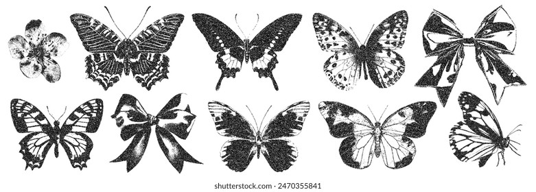 Bow ribbons and butterflies with vintage stipple effect, y2k coquette collage design. Monochrome photocopy retro design elements. Vector illustration for grunge gothic surreal poster