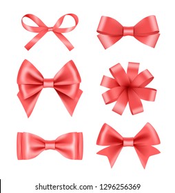 Bow with ribbons. Satin silk decoration for celebration or party vector realistic pictures