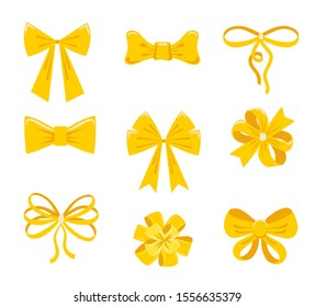 Bow ribbons set.Cartoon vector yellow  satin bows for xmas gifts, present cards and luxury wrap pack isolated on white background.Holiday golden eve satin gift knot.Yellow color