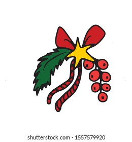 A bow with ribbons and stars, a sprig of a Christmas tree and a bunch of berries.On hand-drawn, on a white isolated background.Design for greeting card.