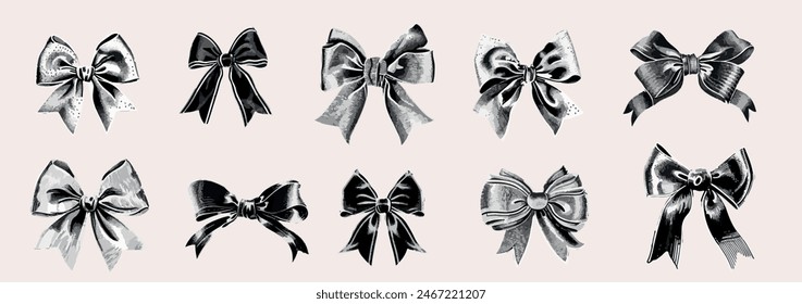 Bow ribbons with vintage stipple effect, y2k collage design. Monochrome photocopy effect retro design elements. Vector illustration for grunge gothic surreal poster 